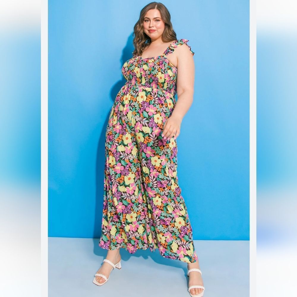 Flying Tomatoe Molinetto Floral Woven Multicolor Ruffle Wide Leg Jumpsuit 3X
